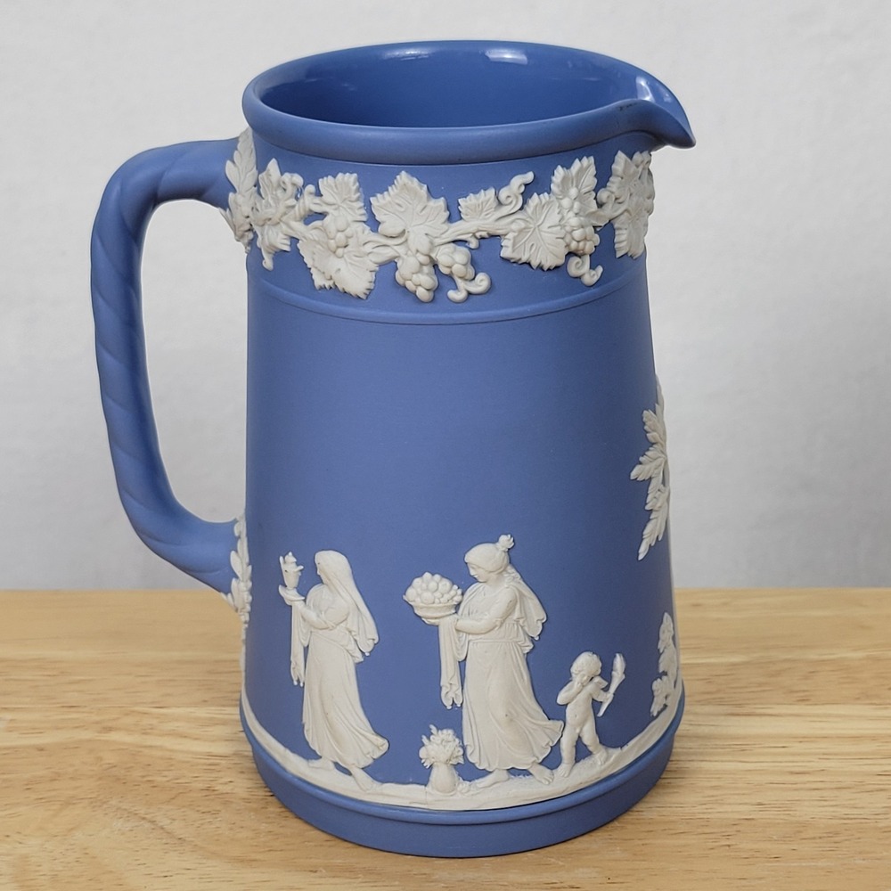 Vintage Royal Doulton Jasperware Style Blue Pitcher Trojan Jug Grapevine England